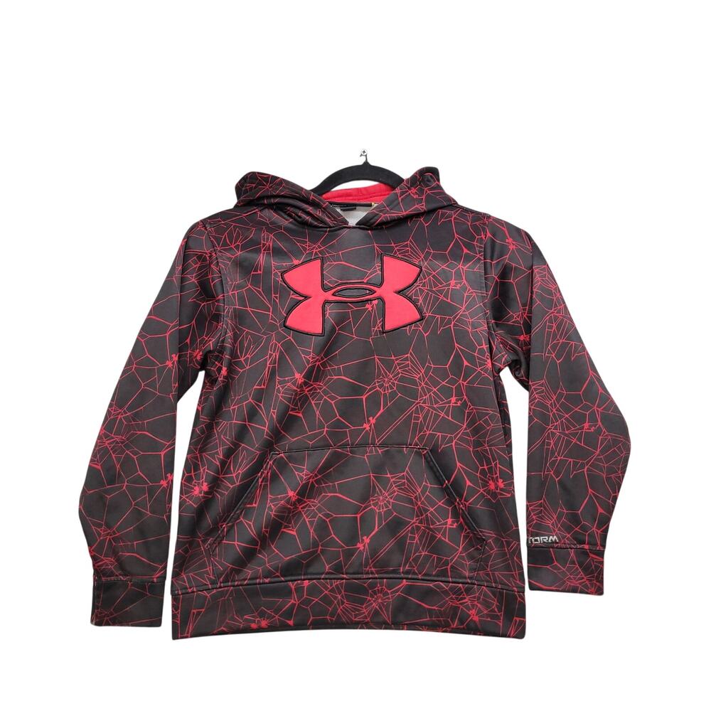 Under Armour Boys Youth Small Black Red Spiderweb Logo Hoodie Loose Fit